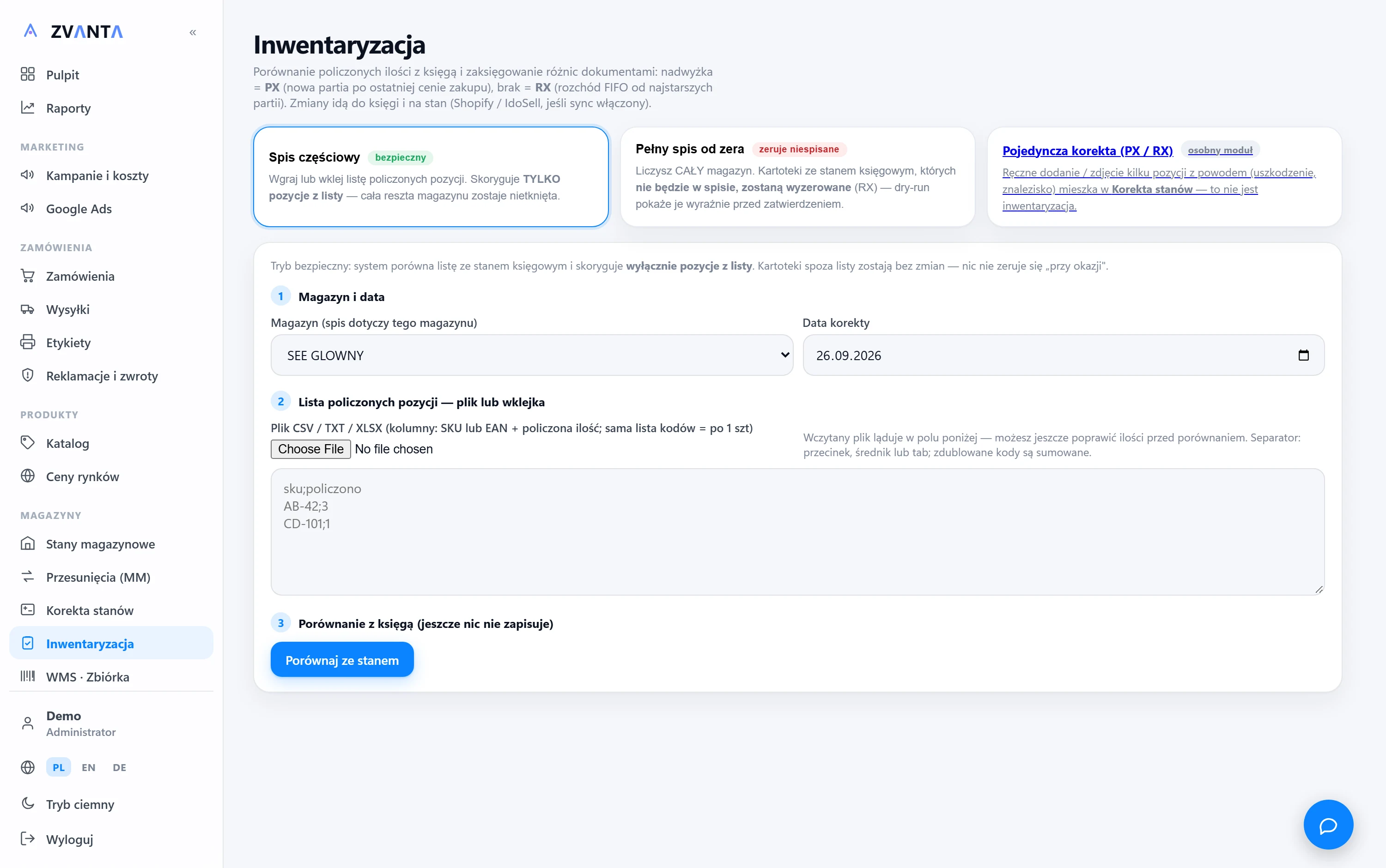Panel ZVANTA — ekran inwentaryzacji z trybami spisu i porównaniem ze stanem księgowym