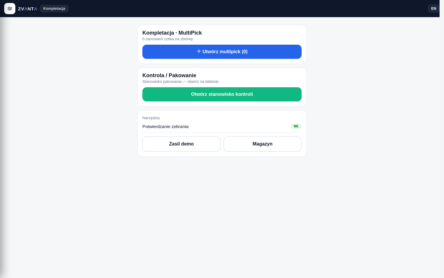 ZVANTA — zbiórka MultiPick na terminalu — lokacja, produkt, postęp