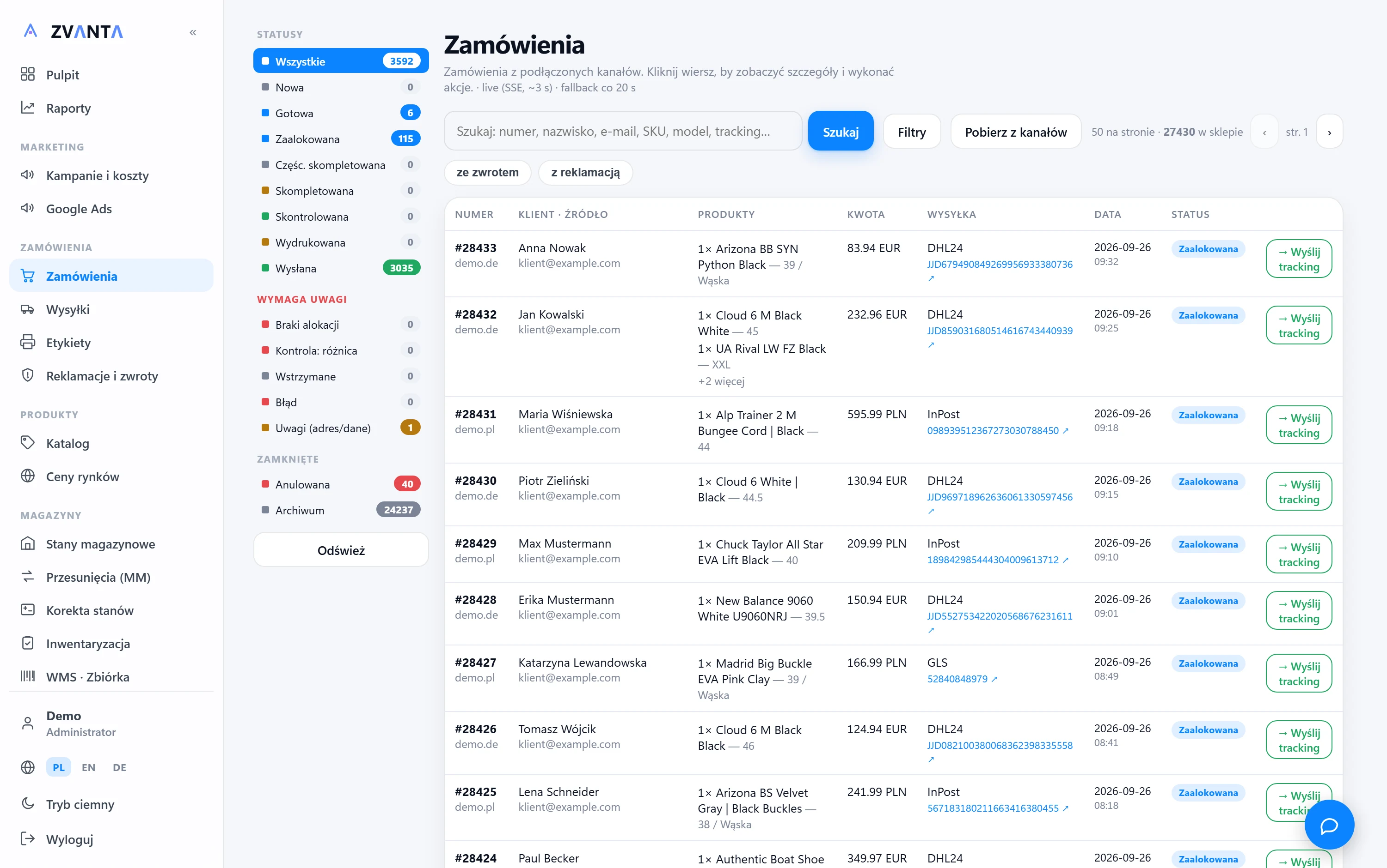 Panel ZVANTA: lista zamówień ze statusami, kurierem i numerem śledzenia